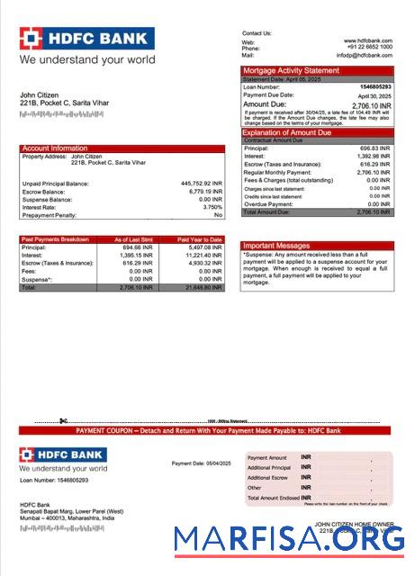Printable India HDFC Bank mortgage statement Word and PDF template
